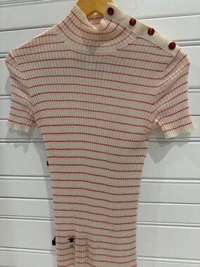 Dior Cream and Red Striped Ribbed Short Sleeve Top with Shoulder Buttons